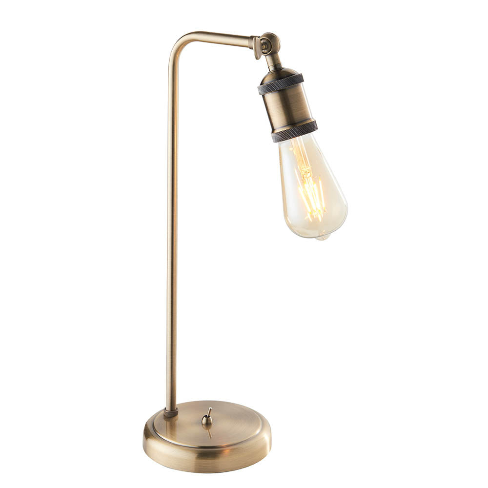 Brackley Table Lamp in brass metal with adjustable angled arm, exposed E27 bulb holder, and round base switch, shown on a white background.