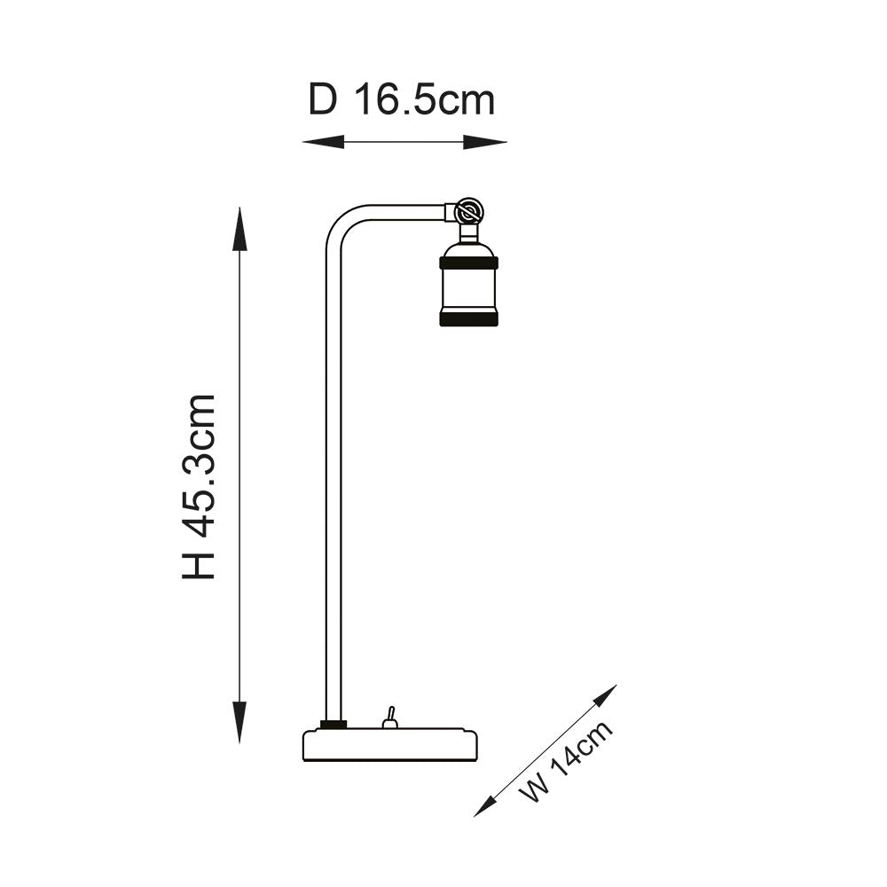 Line drawing of the Brackley Table Lamp in brass showing curved arm, adjustable knuckle joint, base switch, and dimensions H45.3cm, D16.5cm, W14cm.