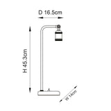 Line drawing of the Brackley Table Lamp in brass showing curved arm, adjustable knuckle joint, base switch, and dimensions H45.3cm, D16.5cm, W14cm.