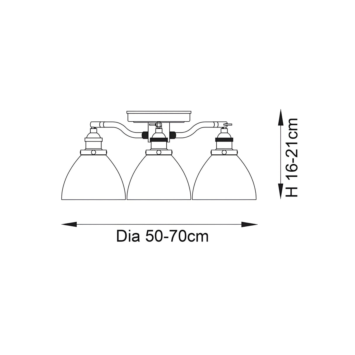 Wentworth 3 Light Semi-Flush Ceiling Light in antique brass, line drawing showing three dome glass shades on curved arms, dimensions Dia 50-70cm and H 16-21cm.