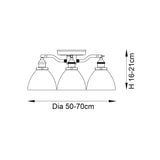 Wentworth 3 Light Semi-Flush Ceiling Light in antique brass, line drawing showing three dome glass shades on curved arms, dimensions Dia 50-70cm and H 16-21cm.
