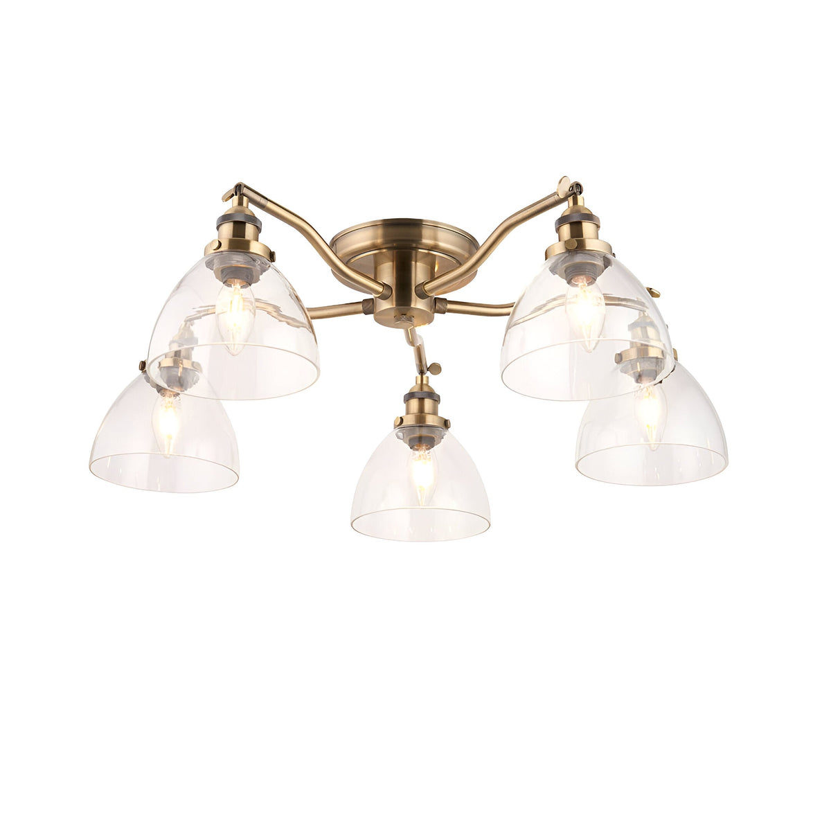 Endon Wentworth 5 light semi-flush ceiling light in antique brass with five clear glass dome shades on curved arms, shown on a white background.