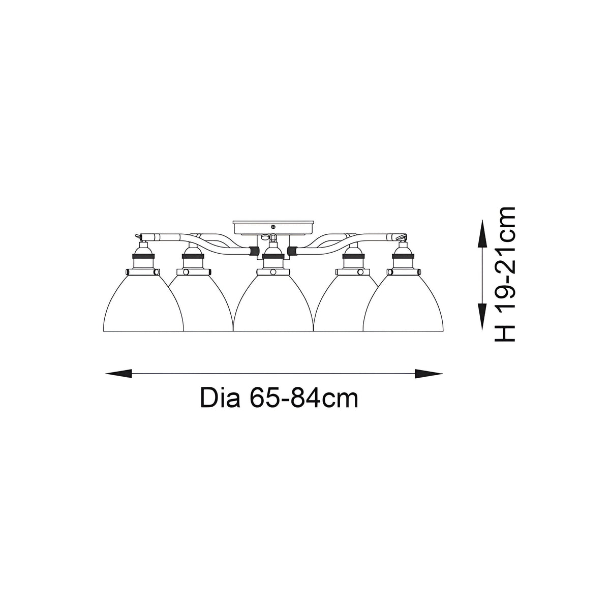 Dimension diagram of the Endon Wentworth 5 Light Semi-Flush Ceiling Light showing a 65-84cm diameter and 19-21cm height on a white background.