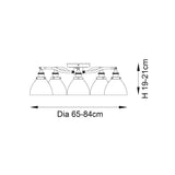 Dimension diagram of the Endon Wentworth 5 Light Semi-Flush Ceiling Light showing a 65-84cm diameter and 19-21cm height on a white background.