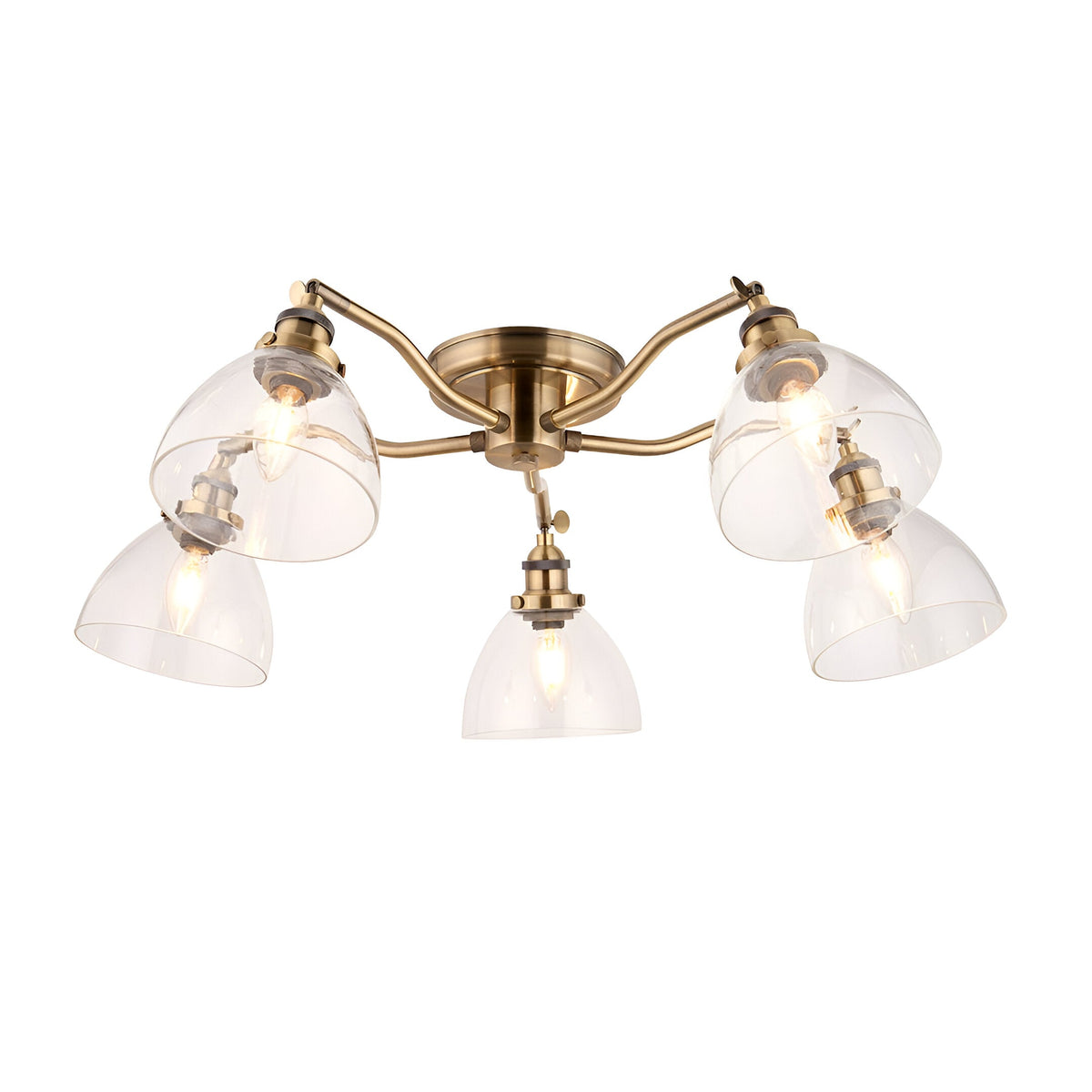 Endon Wentworth 5 light semi-flush ceiling light in antique brass with five clear glass dome shades on curved arms, shown on a white background.