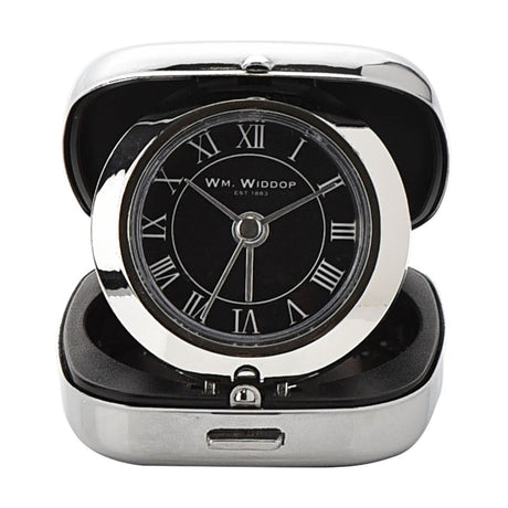 Chrome fold-up cushion quartz alarm clock open to show a black Roman numeral dial with silver bezel, set in a rounded square mirror-polished case, on a white background.