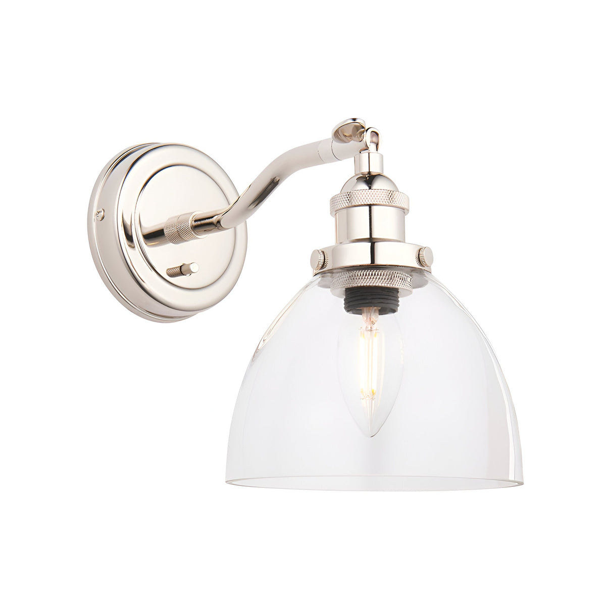 Endon Wentworth adjustable wall light in nickel with clear glass dome shade, knurled E14 lamp holder and toggle switch, shown on a white background.
