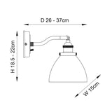 Endon Wentworth wall light dimensions diagram showing height 18.5-22cm, depth 26-37cm and width 15cm on a plain white background.