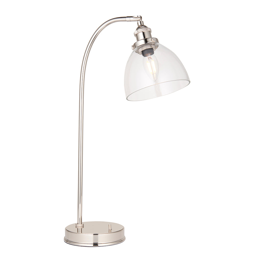Endon Wentworth table lamp in nickel with an arched stem, adjustable knuckle, clear glass dome shade and knurled lamp holder on a round base.