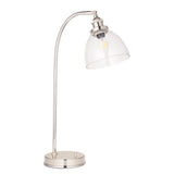 Endon Wentworth table lamp in nickel with an arched stem, adjustable knuckle, clear glass dome shade and E14 filament bulb on a round base.