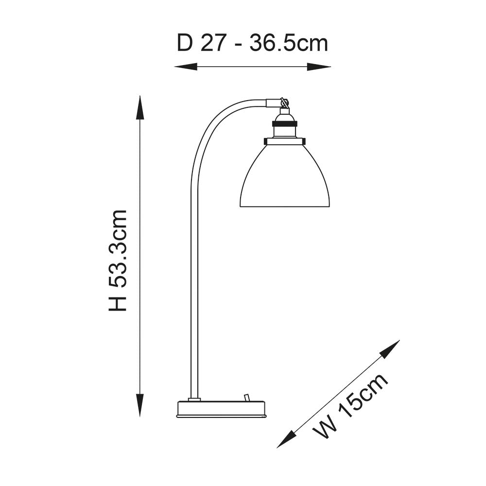 Endon Wentworth technical drawing showing the nickel table lamp's dimensions: 53.3cm height, 15cm width and 27–36.5cm depth range.