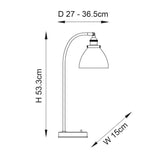 Endon Wentworth technical drawing showing the nickel table lamp's dimensions: 53.3cm height, 15cm width and 27–36.5cm depth range.