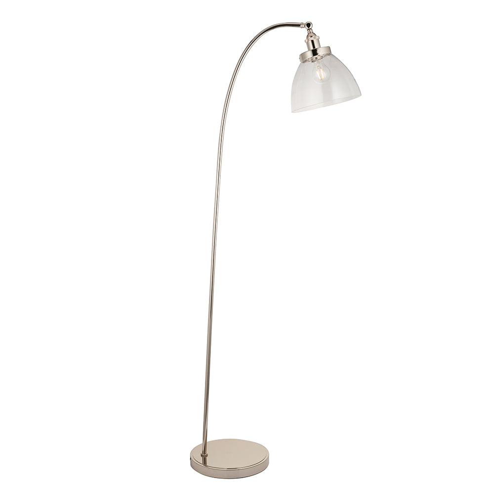 Endon Wentworth floor lamp in nickel with a tall arched stem, round base, adjustable knuckle and clear glass shade with E27 bulb, on a white background.