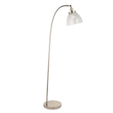 Endon Wentworth floor lamp in nickel with a tall arched stem, round base, adjustable knuckle and clear glass shade with E27 bulb, on a white background.