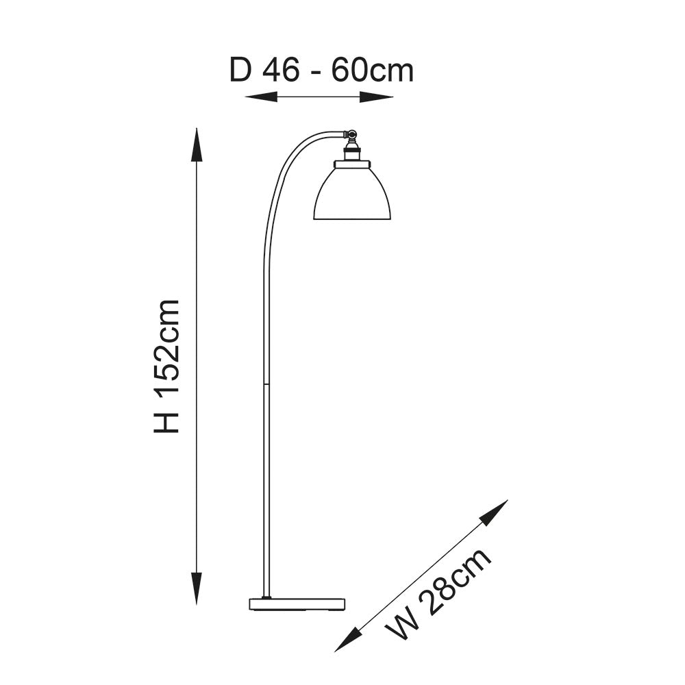 Dimension diagram of the Endon Wentworth floor lamp in nickel, showing height 152cm, width 28cm and depth 46–60cm.