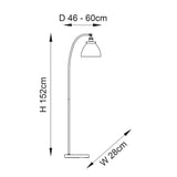 Dimension diagram of the Endon Wentworth floor lamp in nickel, showing height 152cm, width 28cm and depth 46–60cm.