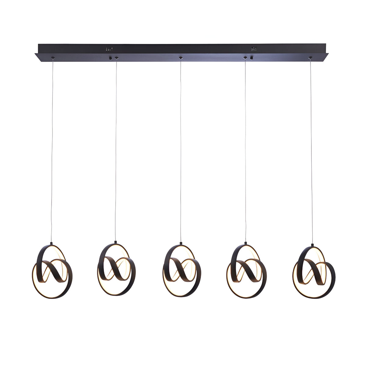 Bevwell 5 Light Linear Pendant in matt black metal, five looped ring fittings with integrated LEDs suspended from a linear ceiling bar on a white background.