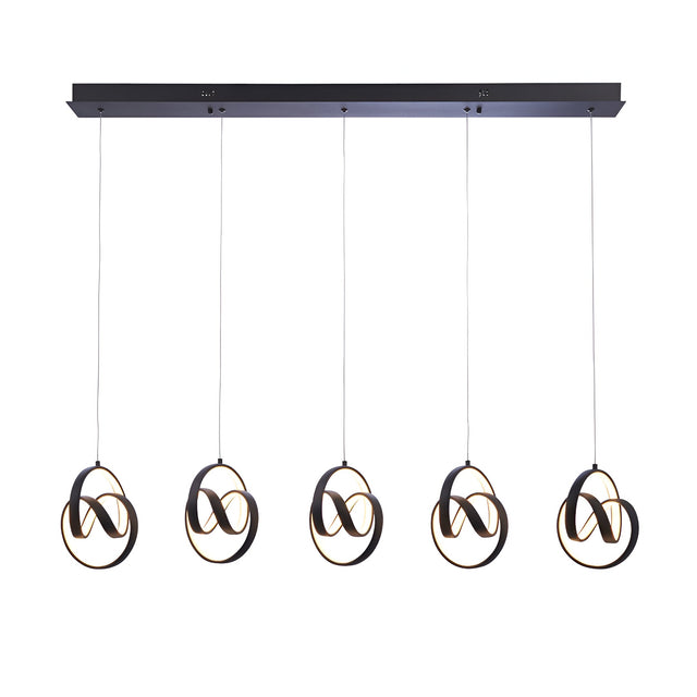 Bevwell 5 Light Linear Pendant in matt black metal, five looped ring fittings with integrated LEDs suspended from a linear ceiling bar on a white background.