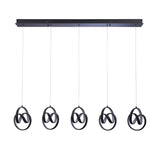 Bevwell 5-Light Linear Pendant in matt black metal with looped ring designs on adjustable cables from a linear ceiling bar, white background.