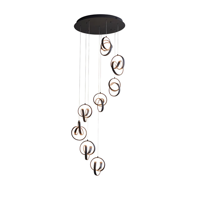 Endon Bevwell 8 light pendant in matt black, featuring a cascading cluster of looped metal rings with integrated LEDs on adjustable clear flex drops.