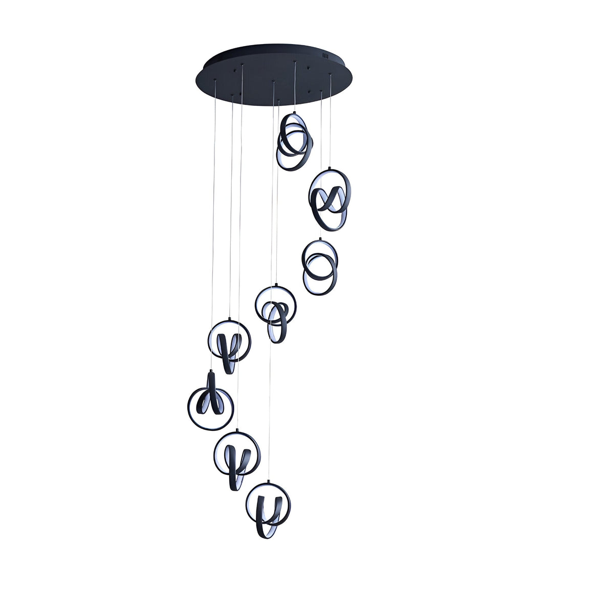 Endon Bevwell 8 light pendant in matt black, with swirling looped LED rings cascading in a spiral from a round ceiling plate on a white background.