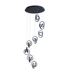 Endon Bevwell 8 light pendant in matt black, with swirling looped LED rings cascading in a spiral from a round ceiling plate on a white background.