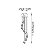 Dimension diagram for Endon Bevwell 8 light pendant showing 57.5cm diameter canopy and adjustable 170-200cm drop height with spiralling looped fittings.