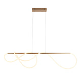 Aldley Linear Pendant in satin gold with a flexible LED tube looped into curved waves beneath a slim bar, suspended on twin cables.