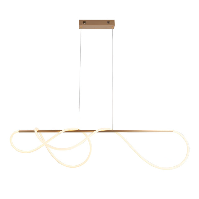 Aldley Linear Pendant in satin gold with a flexible LED tube looped into curved waves beneath a slim bar, suspended on twin cables.