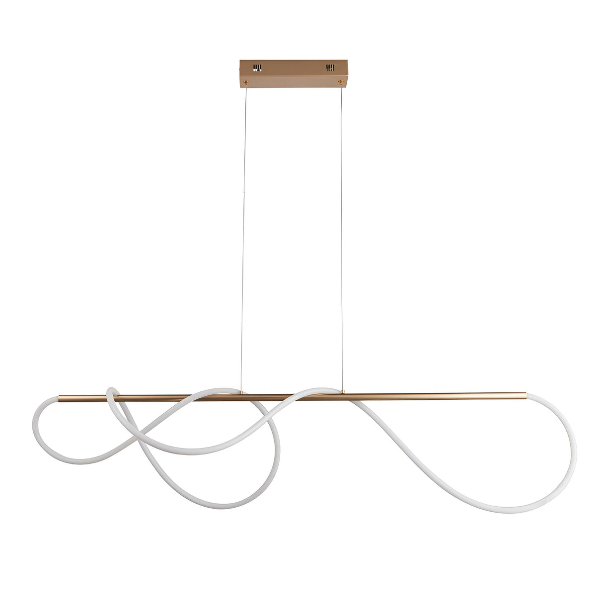 Aldley Linear Pendant in satin gold with a rigid metal bar and flexible white silicone LED tube looped, suspended on twin cables.