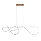 Aldley Linear Pendant in satin gold with a rigid metal bar and flexible white silicone LED tube looped, suspended on twin cables.