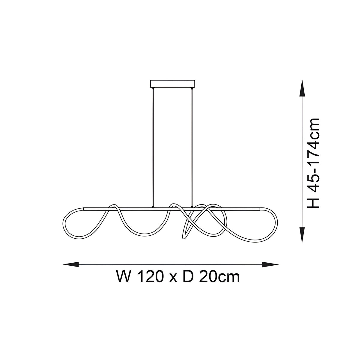 Line drawing of the satin gold Aldley Linear Pendant, showing a rod-suspended bar with a wave-shaped flexible LED tube, W 120 x D 20cm, H 45-174cm.