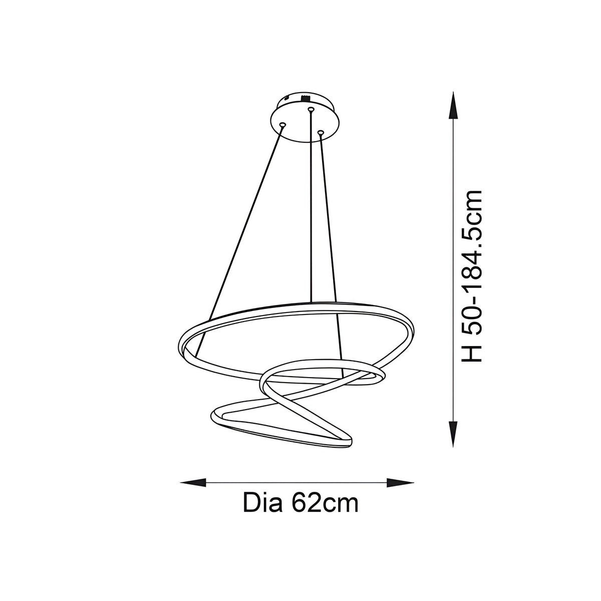 Dimension diagram of the Endon Halden pendant light showing 62cm diameter shade and adjustable 50-184.5cm height on a plain white background.