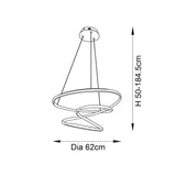 Dimension diagram of the Endon Halden pendant light showing 62cm diameter shade and adjustable 50-184.5cm height on a plain white background.