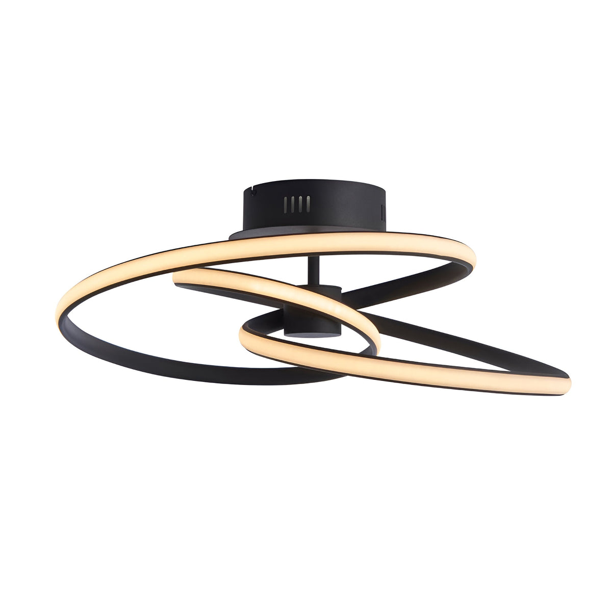 Endon Halden LED semi-flush ceiling light with looped black metal bands forming a swirled single-light design on a plain white background.