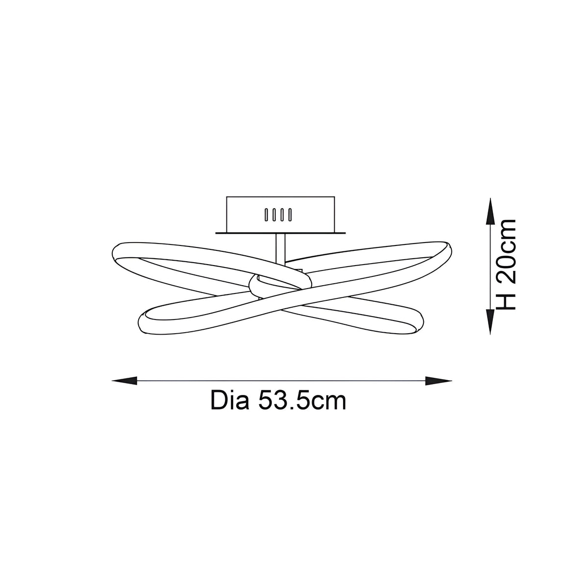Endon Halden LED semi-flush ceiling light dimension diagram showing 53.5cm diameter and 20cm height on a plain white background.