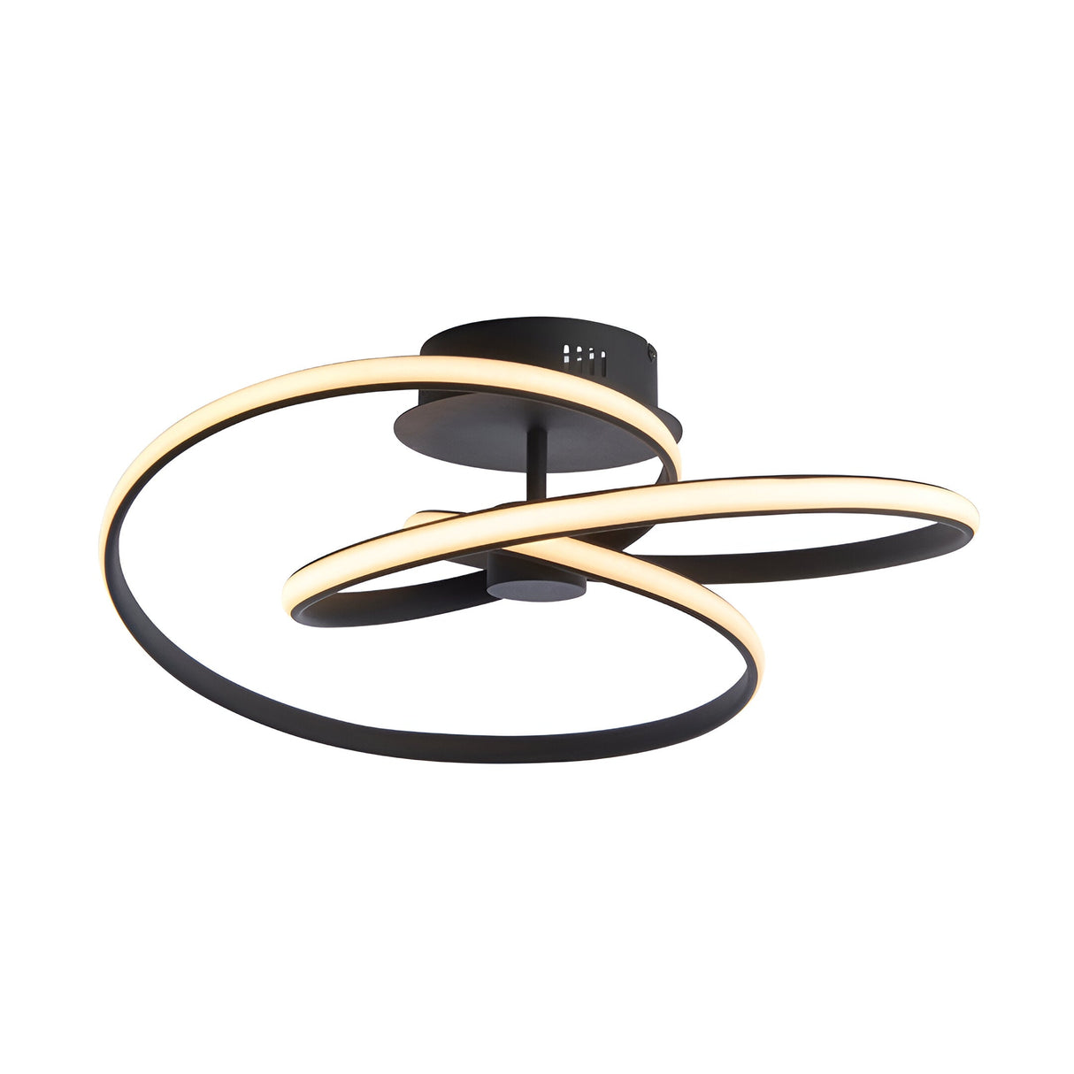 Endon Halden LED semi-flush ceiling light in matt black metal, formed from interlocking curved loops with warm white integrated LED strips.