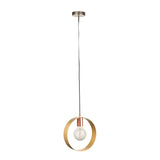 Brenmere Pendant Light with a single open brass hoop, copper socket, bare filament bulb, nickel ceiling rose, and black cable on a white background.