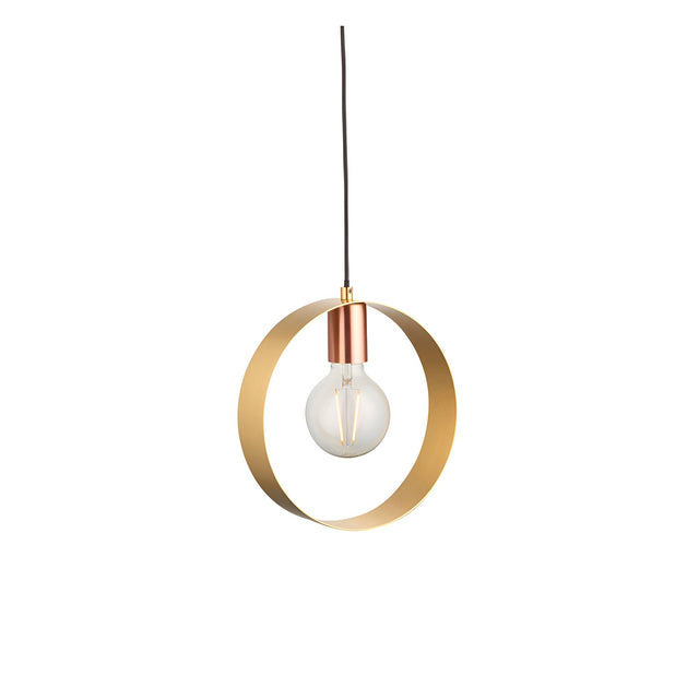 Brenmere Pendant Light with a single brass hoop frame and copper fitting holding an exposed E27 bulb, shown on a plain white background.