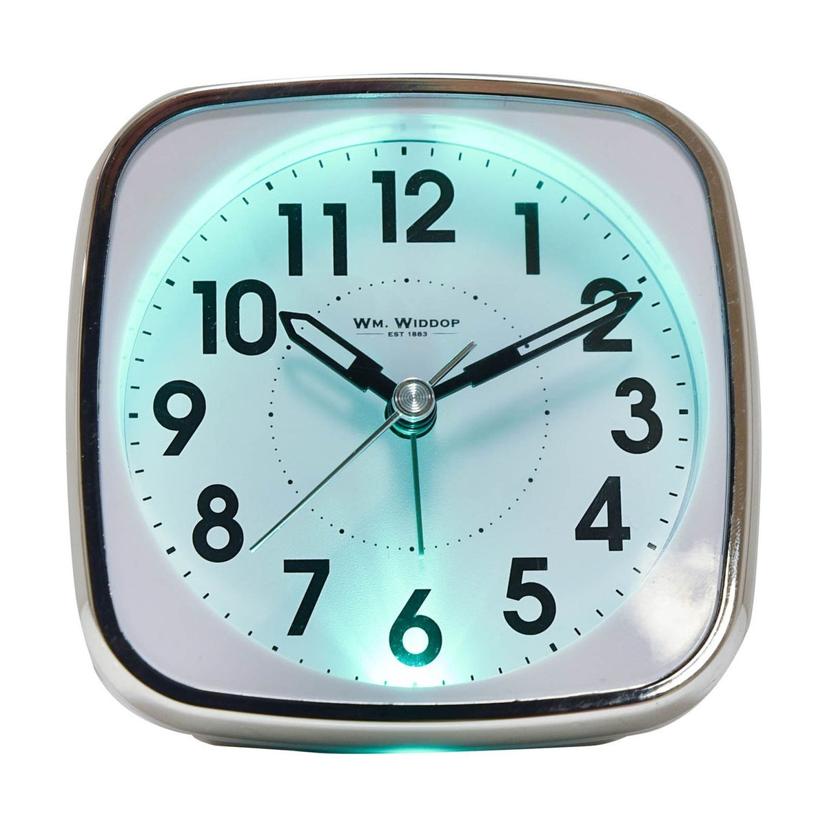 Square white plastic alarm clock with silver trim, black Arabic numerals, sweep second hand, and glowing turquoise backlight, shown on a plain background.
