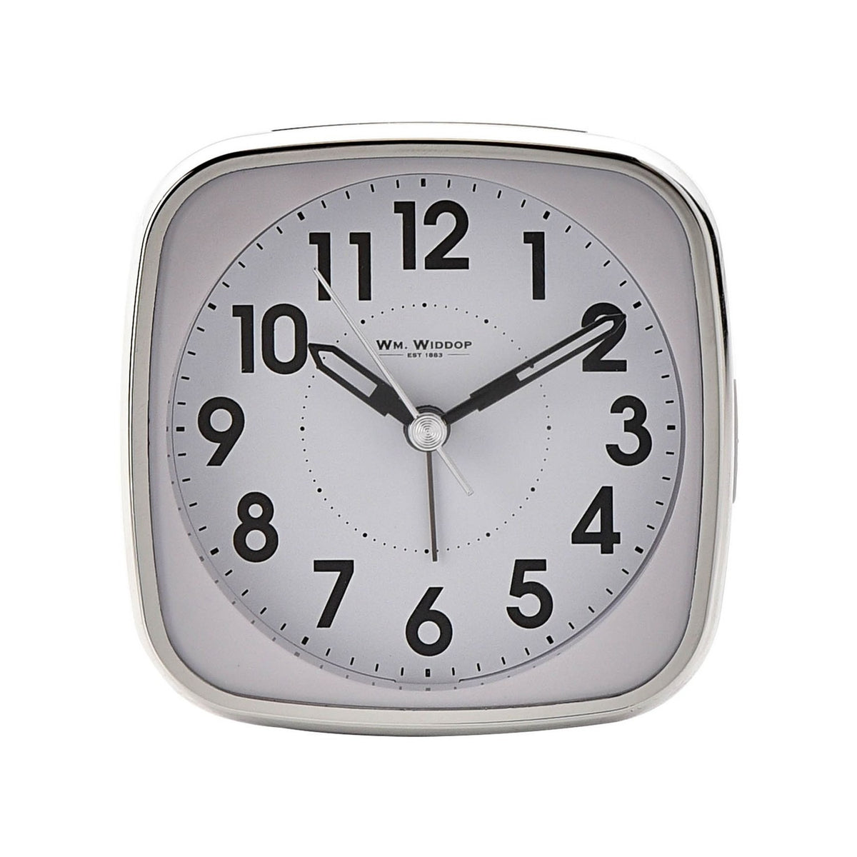 Square plastic alarm clock in white with silver trim, bold black Arabic numerals, sweep second hand and rounded corners, shown on a plain white background.