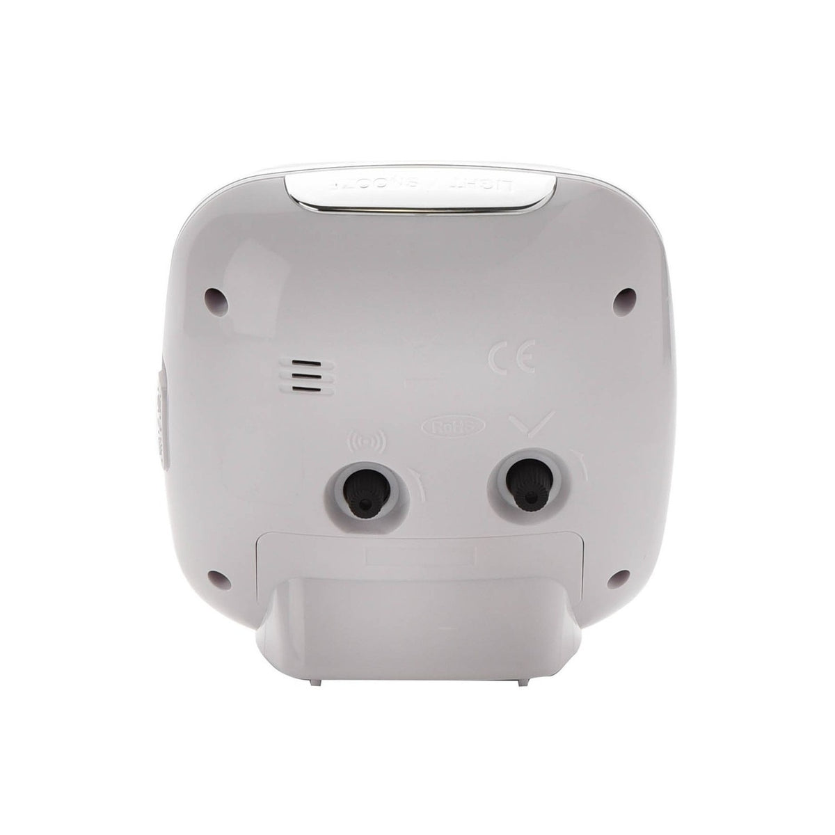 Rear view of the Square Plastic Alarm Clock in white, showing light/snooze buttons, speaker vents, two control dials and a stand, on a plain white background.