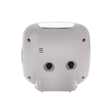 Rear view of the Square Plastic Alarm Clock in white, showing light/snooze buttons, speaker vents, two control dials and a stand, on a plain white background.
