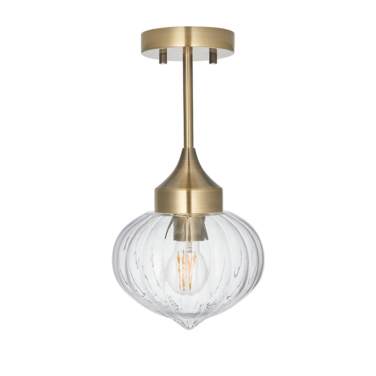 Endon Aldridge semi-flush ceiling light in antique brass with a ribbed clear glass onion-shaped shade and E27 bulb, on a plain white background.