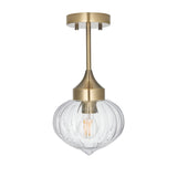 Endon Aldridge semi-flush ceiling light in antique brass with a ribbed clear glass onion-shaped shade and E27 bulb, on a plain white background.