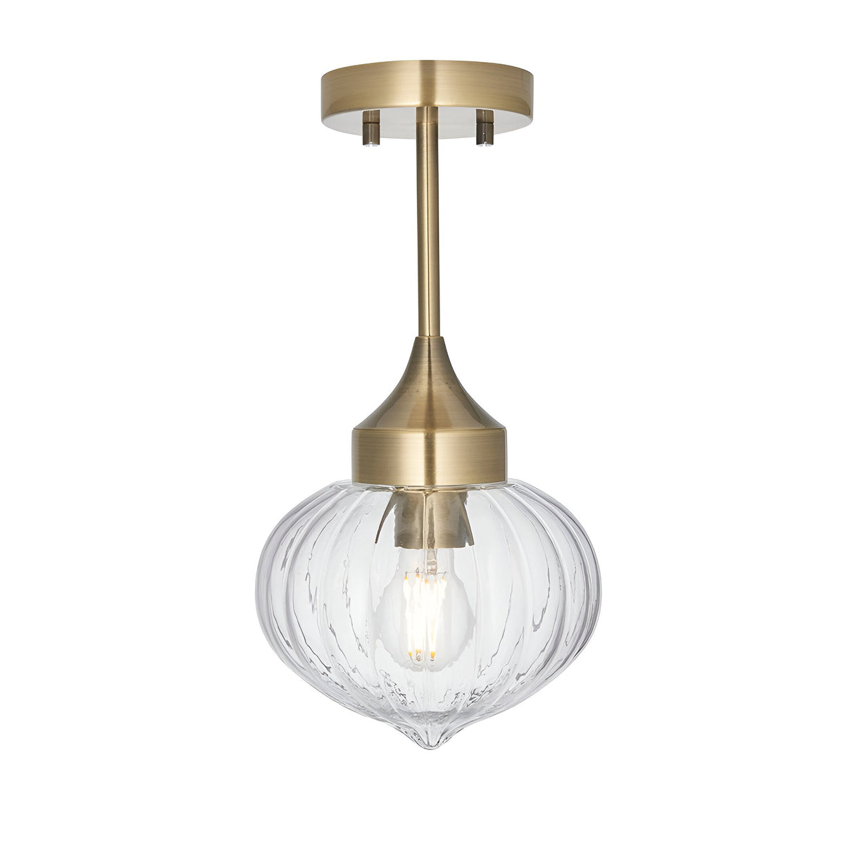 Endon Aldridge semi-flush ceiling light in antique brass with a ribbed clear glass onion-shaped shade and slim drop rod, on a white background.