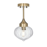 Endon Aldridge semi-flush ceiling light in antique brass with a ribbed clear glass onion-shaped shade and slim drop rod, on a white background.