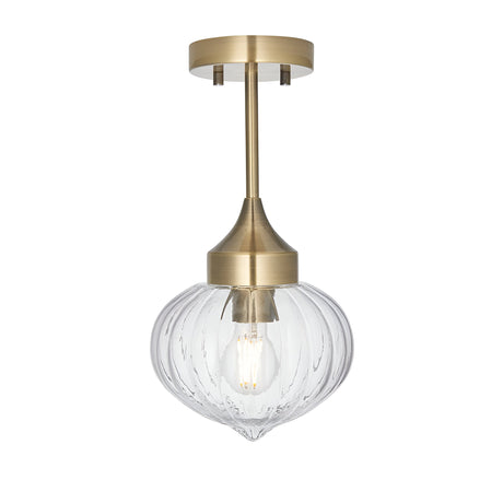 Endon Aldridge semi-flush ceiling light in antique brass with a ribbed clear glass onion-shaped shade and slim drop rod, on a white background.