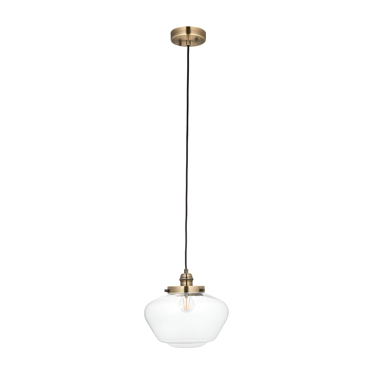 Kedleston Pendant light with a brass ceiling rose and fitting, black cable, and a clear glass schoolhouse-shaped shade, shown against a plain white background.