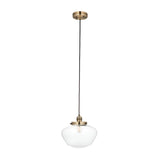 Kedleston Pendant light with a brass ceiling rose and fitting, black cable, and a clear glass schoolhouse-shaped shade, shown against a plain white background.